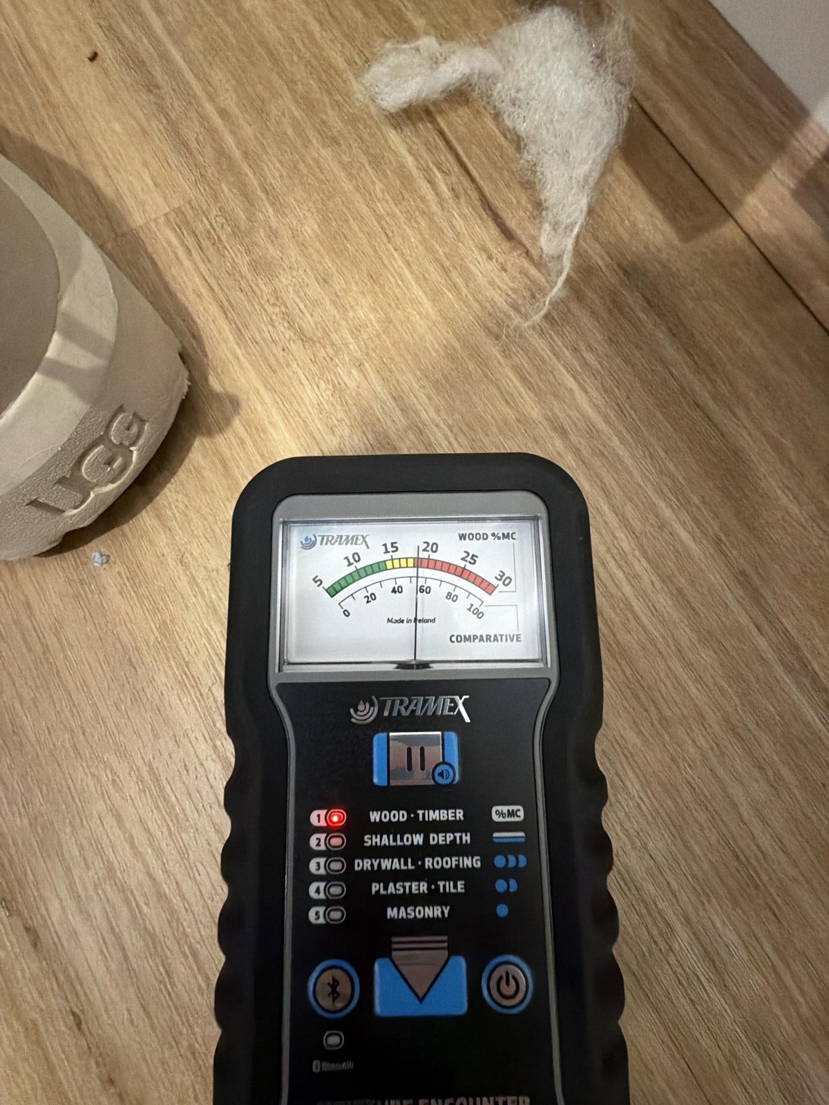 A technician checks timber floor moisture with a Tramex meter, beside a pale fluffy debris patch.